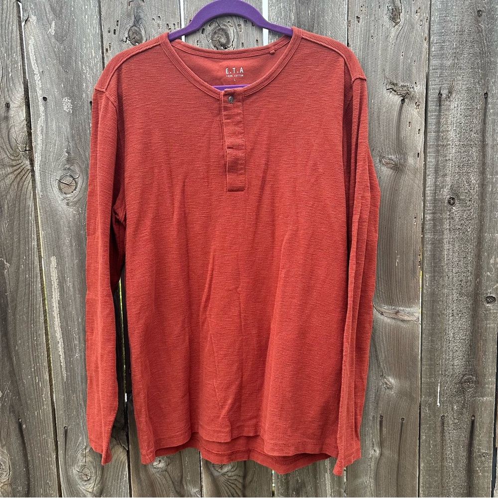 EUC ETA Henley Sweatshirt Mens L Relaxed Fit Burnt Orange Hippie 100% Cotton